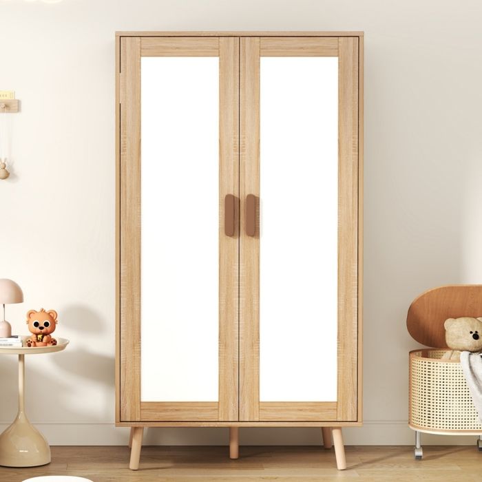 Armoire enfant 80x46x141 5 cm-2 portes-tringle intégrée-compartiment de rangement-anti-basculement-Blanc et effet bois naturel