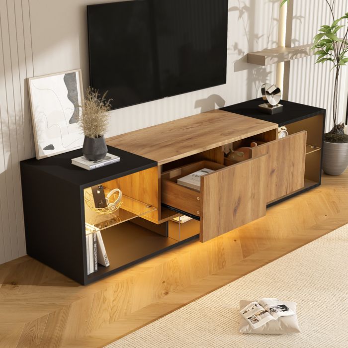 Meuble TV bas avec éclairage LED 2 tiroirs et étagères en verre pour TV jusquà 70 poucesMeuble TV de Salon160x40x42 cmNoir