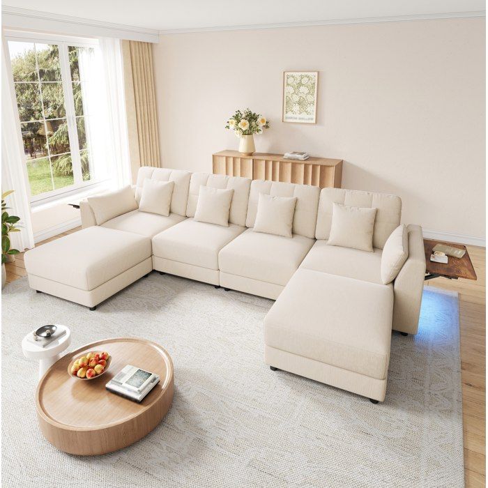 WOVREO canapé dangle modulable U/L 292x135x82 cm avec 2 poufs LED tablettes rabattables chenille beige