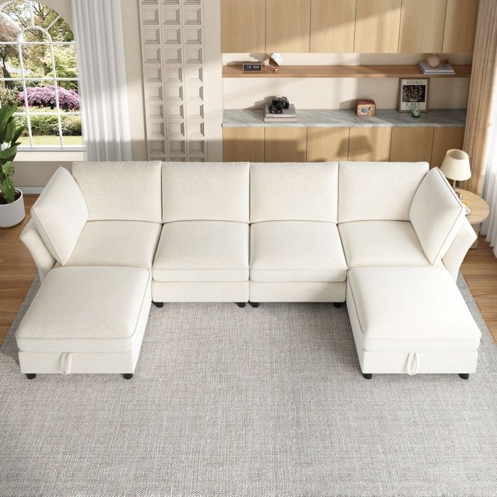 Canapé d’angle U/L modulable 6 places 289x137x84 cm 2 poufs coffre 2 coussins d’accoudoir ressorts ensachés chenille beige