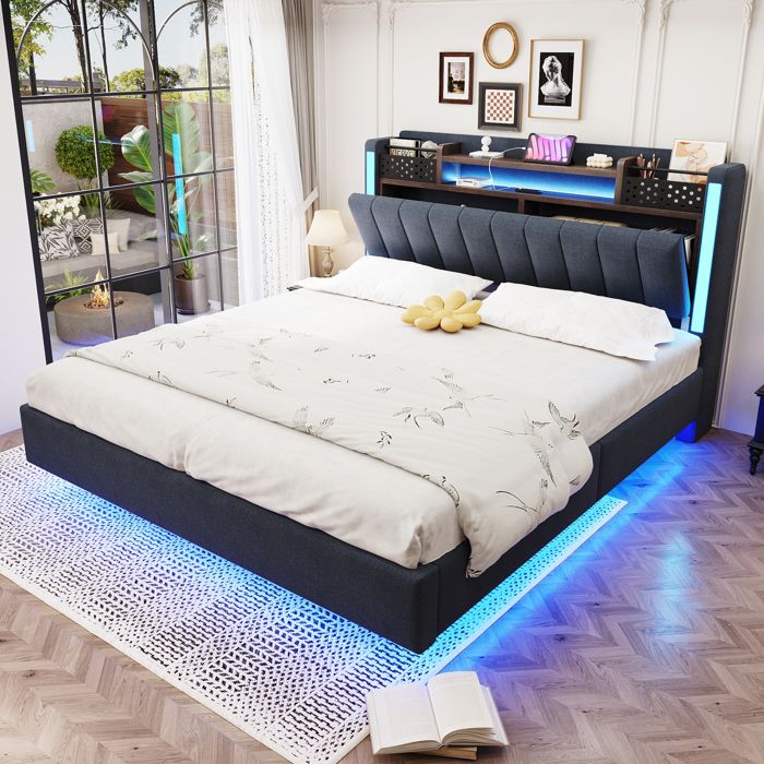 Design solide et protégé lit pour adolescent avec espaces de rangement avec éclairage led couleur gris