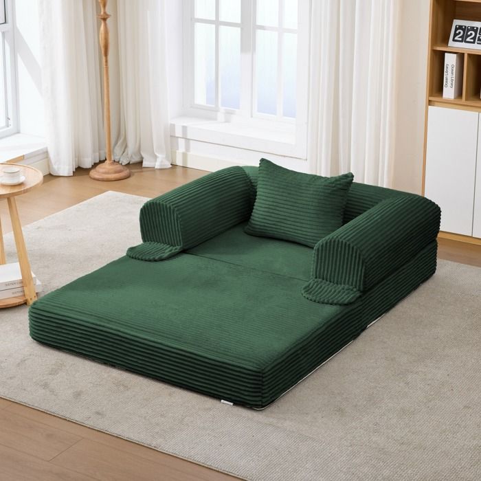 Fauteuil convertible 1 place 2 en 1 sans outil - ELVMI - coussin inclus mousse haute densite velours cotele vert