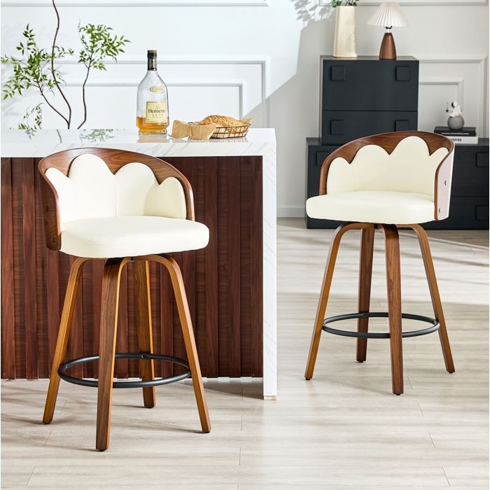 Lot de 2 Tabourets de Bar avec Dossier Fleur et Repose-pieds en Métal - pour Cuisine - en Bois et Simili - Blanc Lot de 2 Tabourets de Bar avec Dossier Fleur et Repose-pieds en Métal - pour Cuisine - en Bois et Simili - Blanc