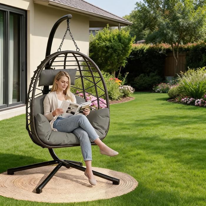 KOIOPLIE Fauteuil Oeuf Suspendu en Rotin PE avec Support - Structure Acier 150kg Coussins Lavables Housse Incluse - Jardin/Terrass