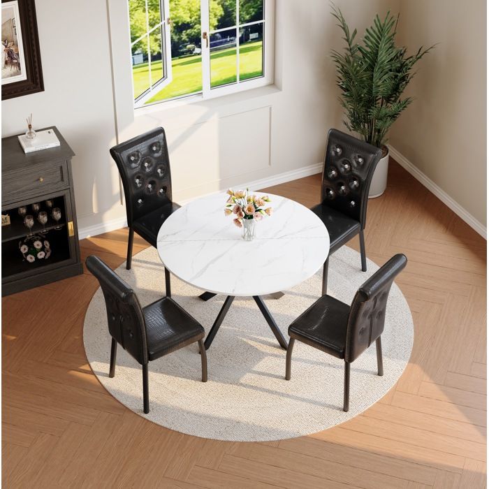 Ensemble table et chaises avec 1 table ronde et 4 chaises - MEUNIQ - effet marbre blanc et métal noir - Noir et Blanc
