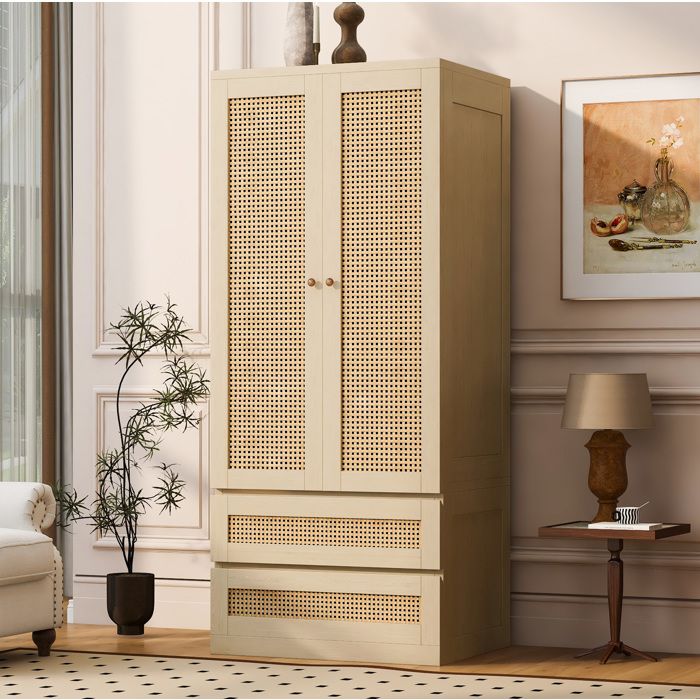 WOVREO Armoire de chambre 70 x 55 x 170 cm double porte 2 tiroirs style rotin bois clair