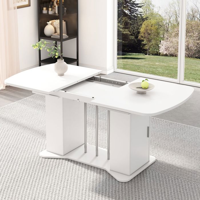 Table extensible - WESTYLE - 120/160 x 80 cm - Blanc - Pieds métal argenté - Rangement intégré