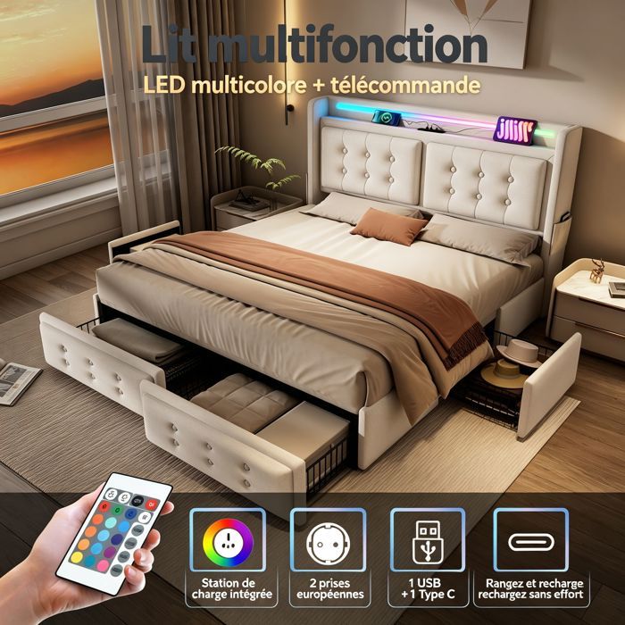 URTR Lit capitonné 180x200 tête LED USB-C 4 tiroirs sommier bois cadre métal 300 kg beige coton