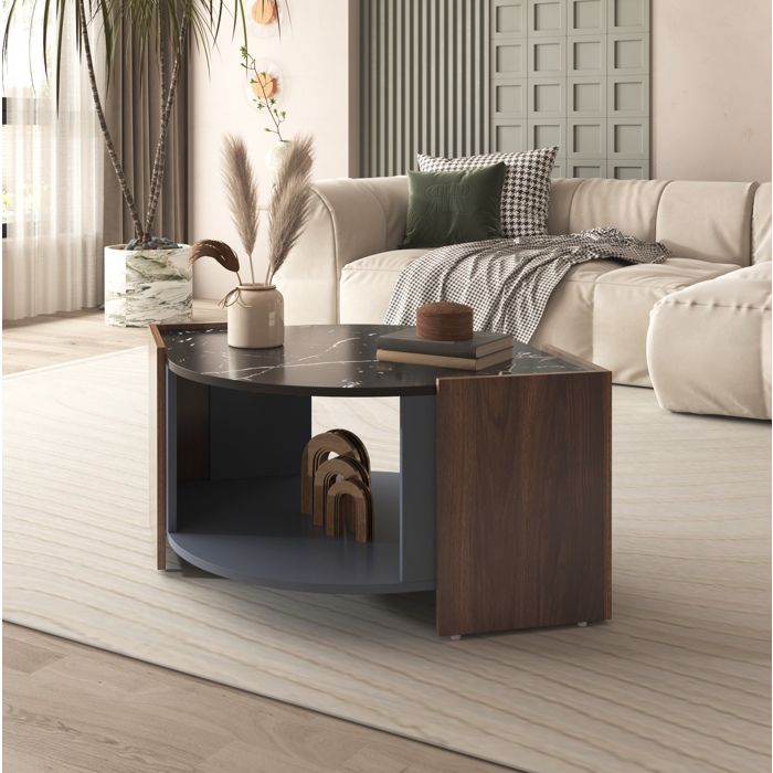 Table basse de salon AESVAR effet marbre noir et bois 965 x 63 x 40 cm avec rangement ouvert