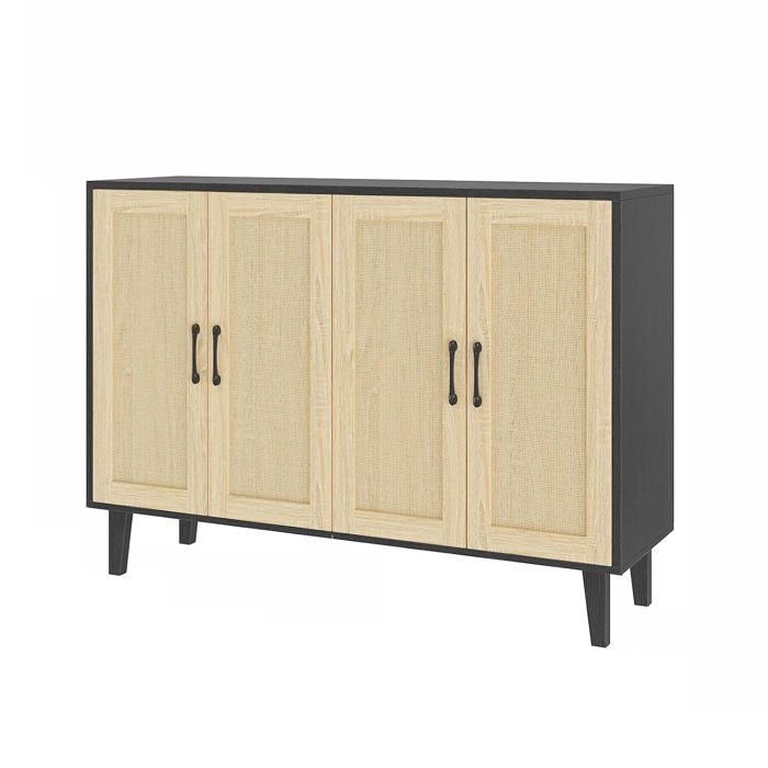Buffet haut 4 portes en rotin et MDF noir et bois - meuble de rangement 127 x 38 x 83 cm pour salon et chambre charge 120 kg