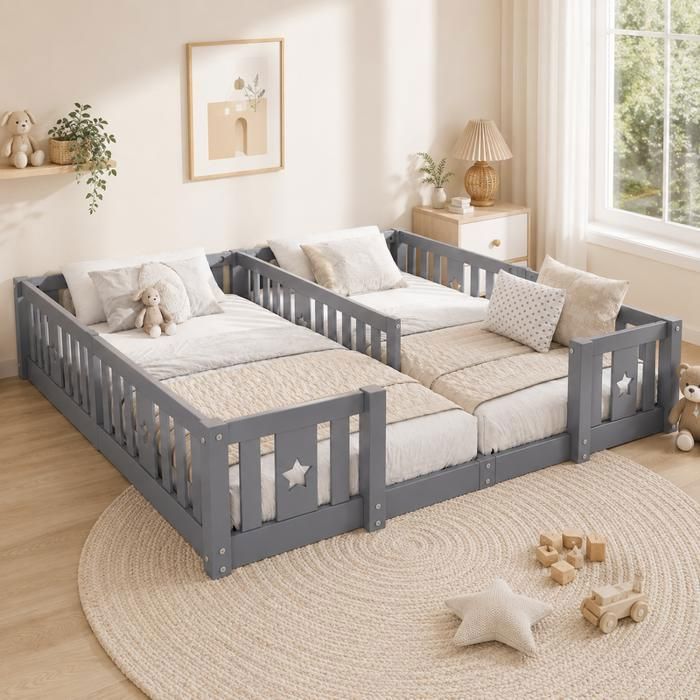 Lit Enfant au Sol 90x200 cm avec Barrières de Sécurité Lit Double avec Motif Etoiles et Sommier à Lattes Design Montessori Gris