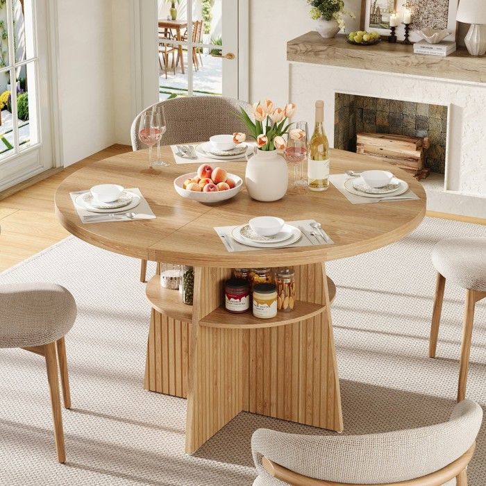 Table de salle à manger ronde extensible 110‑150x110x77.5cm plateau aspect bois naturel rangement intégré pour 2‑8 personnes Table de salle à manger ronde extensible 110‑150x110x77.5cm plateau aspect bois naturel rangement intégré pour 2‑8 personnes