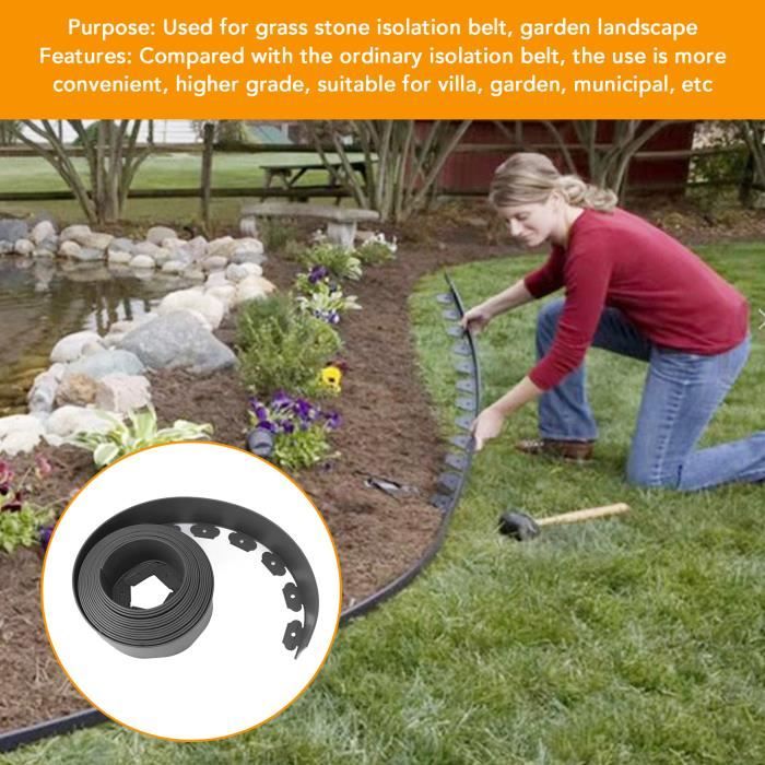 D-Work Bordure De Jardin Flexible PE Gris Anthracite 10M - Ht 5cm - Avec 30 Piquets - Sans Creusage