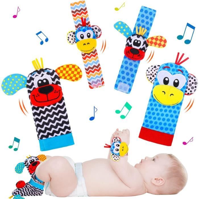 Set De 4 Hochets Poignet Et Chaussettes Bébé – Animaux Sonores – Coton Doux – 0 à 6 Mois – Développement Sensoriel