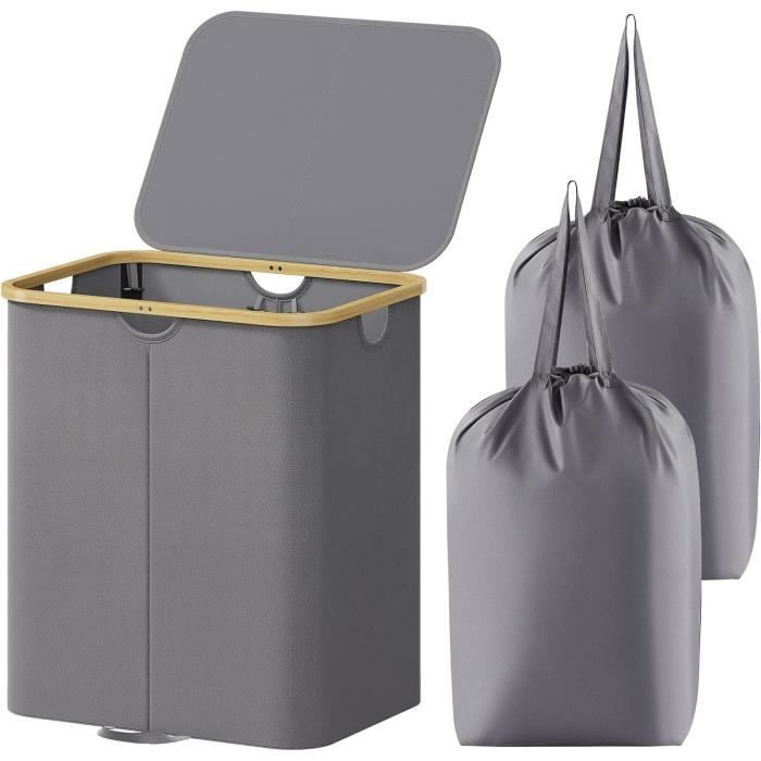 Panier à Linge En Bambou Avec Couvercle 80L FANTASK - Sac Amovible Lavable Pour Salle De Bain Et Chambre