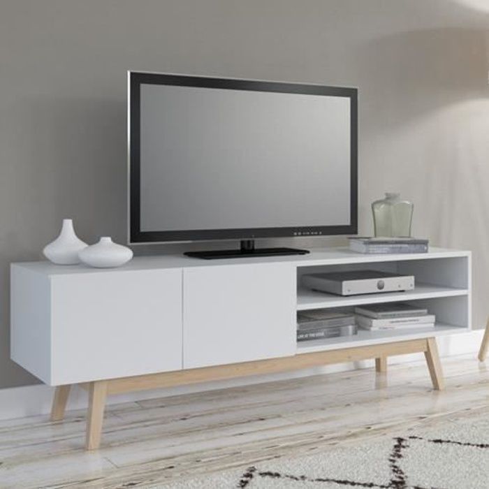 Meuble TV Moderne Blanc - Etagère en verre 2 Tiroirs - Buffet Bas Rangement  Salon Chambre - Cdiscount Maison