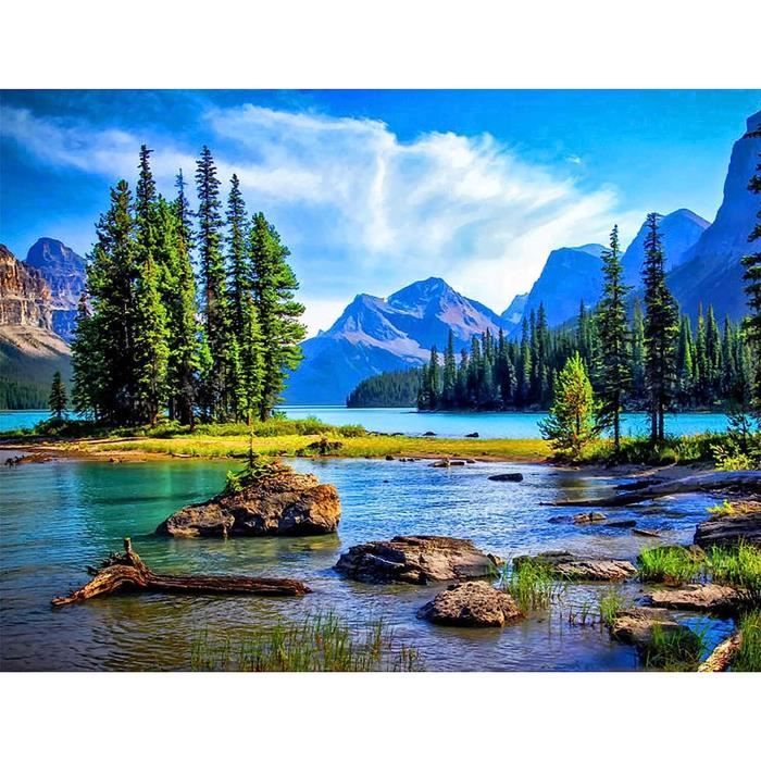 Peinture Diamant Adulte, Paysage Montagne Diamond Painting 5D Complet, Rivière Forêt Diamant Kit