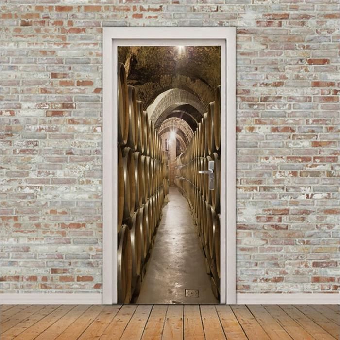 Sticker Déco 3D Cave à Vin - Autocollant Porte Style Tonneaux - 85x215 Cm - Décor Mural Vinyle