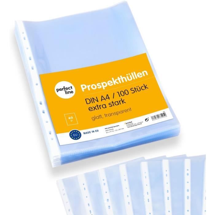 Lot de 100 Pochettes Perforées A4 en Plastique - Pochettes pour Documents 60 µm-Mic-Micron