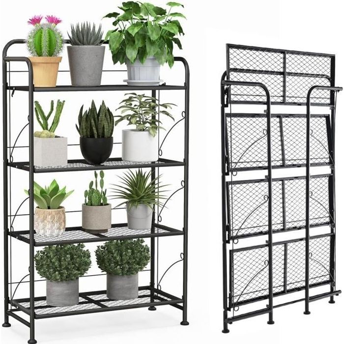 COSTWAY Support de Plantes Pliable à 4 ?tagères Réglables en Métal 60 x 25 x 100 cm Noir Installation sans outil Charge 40kg