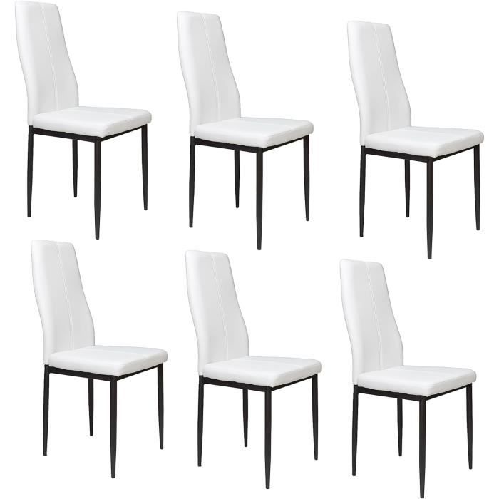 lot de  6 chaises salle à manger  simili blanc, pieds métal noir  - javea