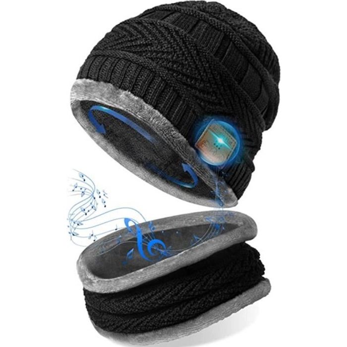 Noir/gris Bonnet de ski en laine avec connexion Bluetooth
