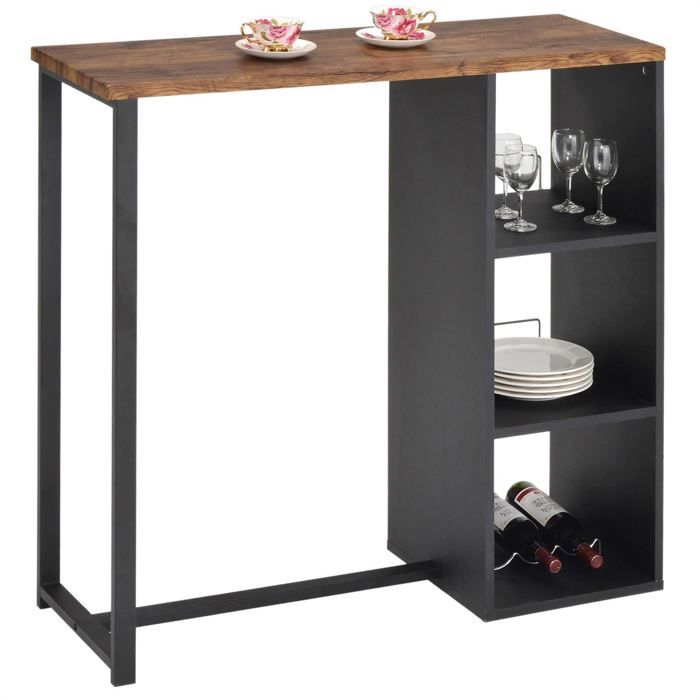 table haute de bar piava mange-debout comptoir avec 3 étagères dont 1 porte-bouteilles, en métal noir et mdf décor chêne sauvage