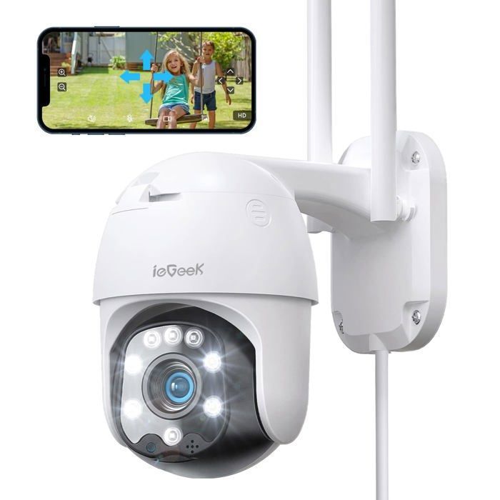 ieGeek 360° Caméra Surveillance WiFi Exterieure Vision Nocturne Couleur Suivi Automatique PTZ 355° 90° Sirène Caméra IP