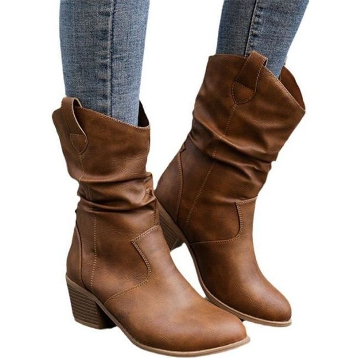 Bottes Femme Santiag en PU Cuir,Talon Carré-Marron