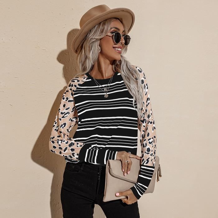T-shirt Femme à Rayures Noir & Camel - Manches Longues - Taille S - Occasion Forever 21