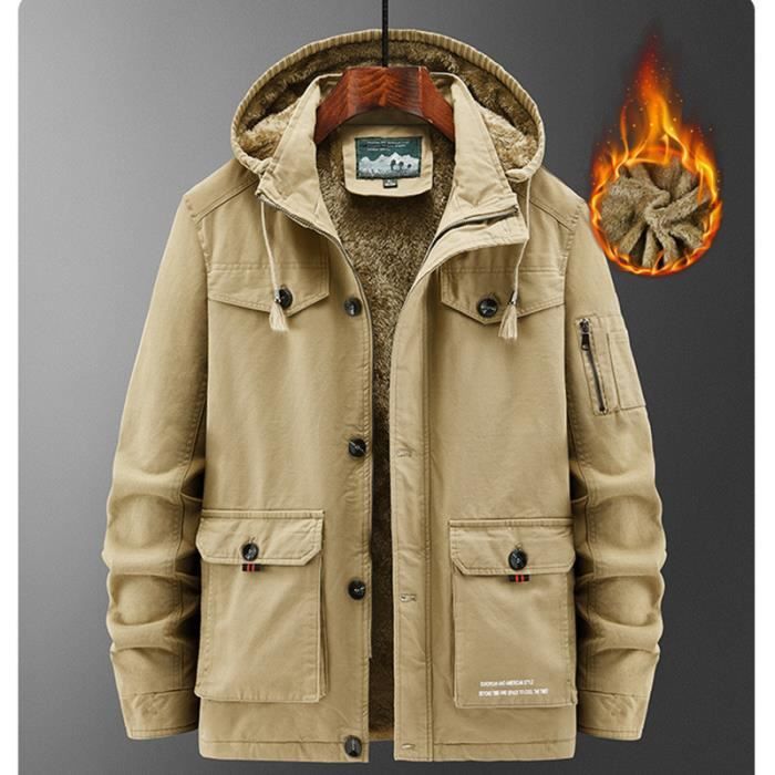 Parka Homme Hiver Doubl?�e polaire A Capuche amovible Manches longues Casual Chaud Epais Couleur 