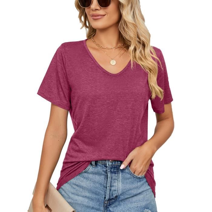 T-Shirt Femme Été Col V Manches Courtes à Volants – Coton Doux, Chic Et Décontracté, Couleur Unie