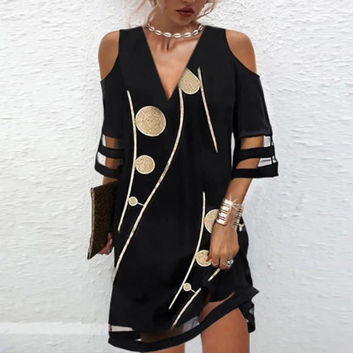 Robe Femmes Col V Tunique elegant Plage Soiree Fete Cocktail Mini - noir NYSTORE