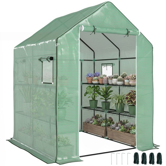 Serre de jardin - Outsunny - PE avec étagères 3 niveaux bâche renforcée 135 g/m² porte zippée - acier - 140x143x190cm - vert