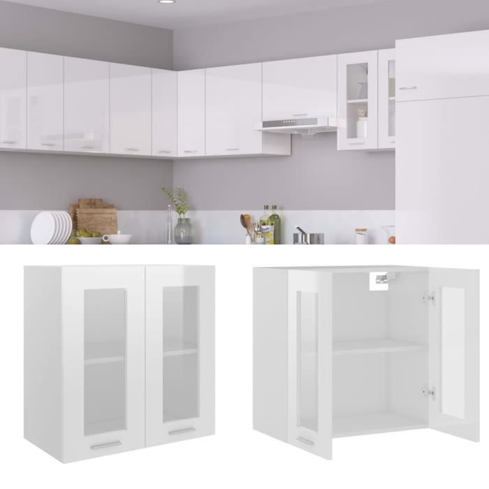 meuble haut de cuisine ovonni - armoire en verre suspendue - blanc brillant - 60x31x60 cm