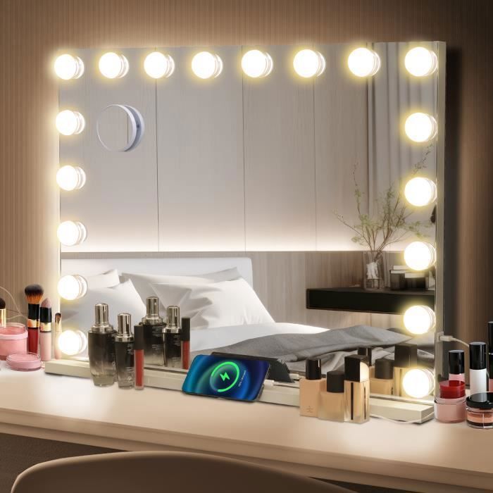 80x62cm Miroir de Maquillage Hollywood avec 18 LED Lumière 3 Modes Réglable + USB Charge + Ecran Tactile + Loupe 10x Blanc