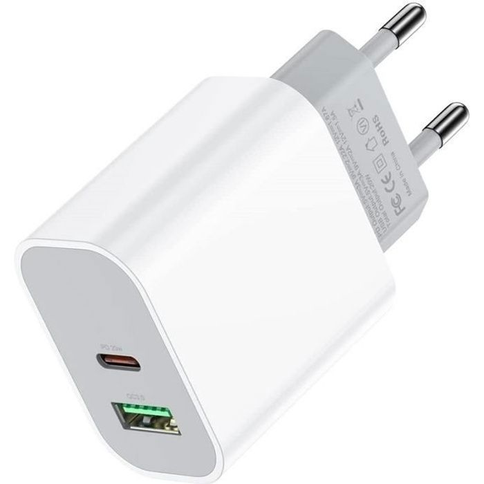 Chargeur USB-C 20W Rapide - Adaptateur Secteur Prise Murale Compact - Compatible IPhone, Android, Tablette