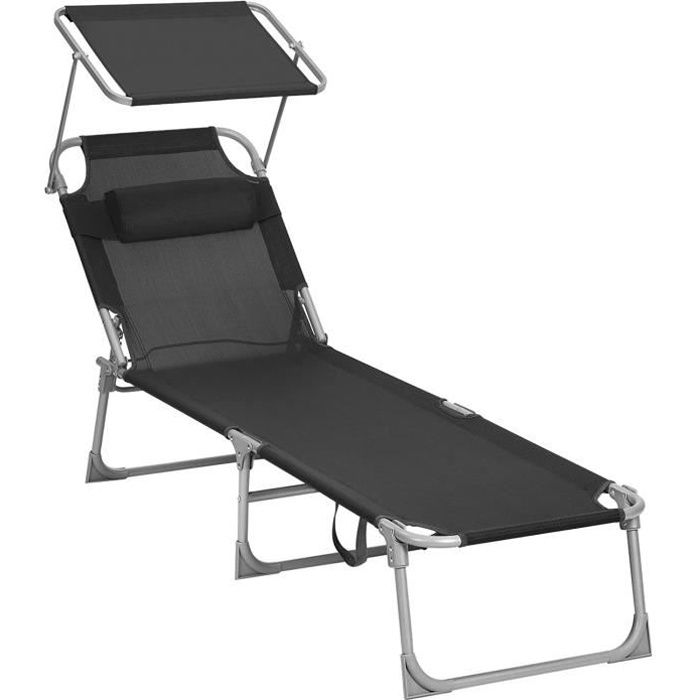 chaise longue songmics - bain de soleil - transat de relaxation - noir - pliable - 53 x 193 x 29.5 cm