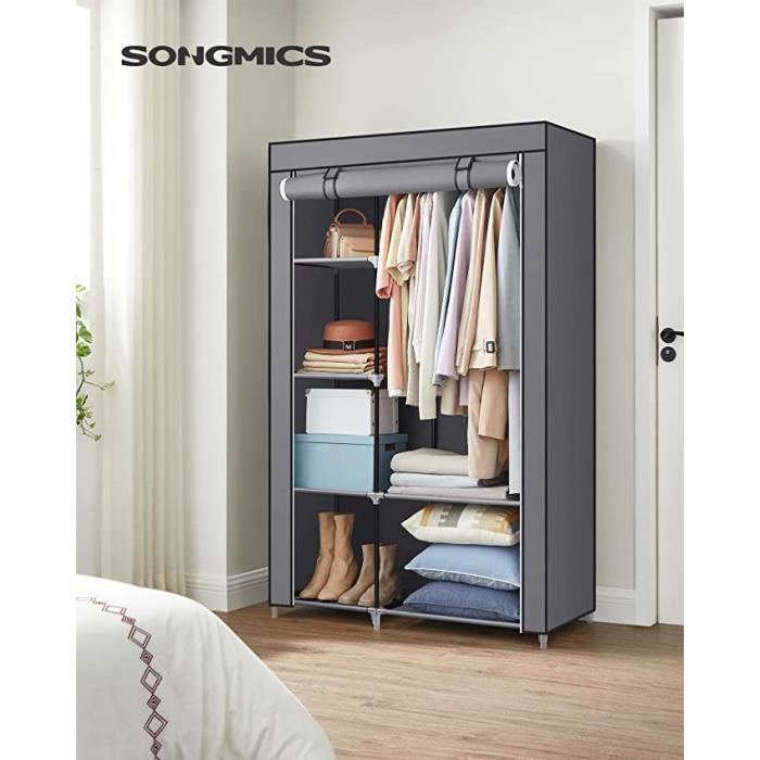 SONGMICS Armoire à Vêtements 1 Tringle à Vêtements 6 Niveaux Tissu Non-tissé Cadre Métallique 45 x 105 x 168 cmGris