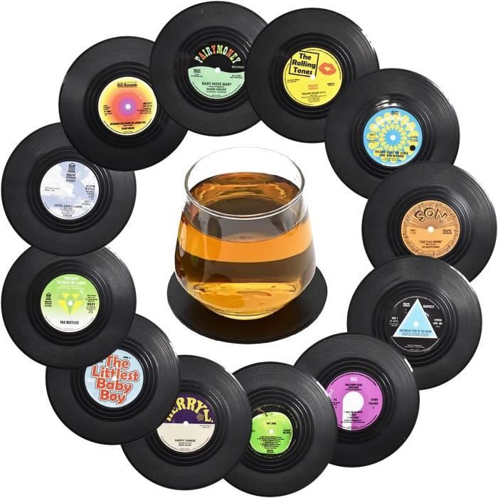 Lot De 12 Dessous De Verre Rétro Motif Disque Vinyle - Silicone Pour Mariage Et Fêtes