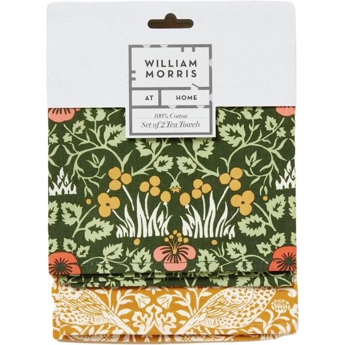 Lot 2 Torchons De Cuisine William Morris - 100% Coton Motif Fleur Rose Et Jaune 65x44.5cm