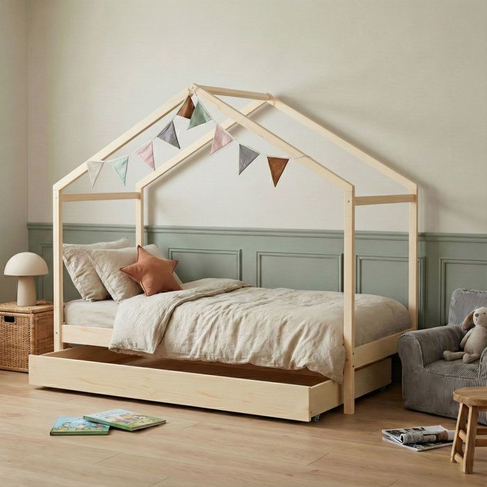 Lit cabane enfant avec tiroir en bois naturel 90x190 - LT14006 - Bois clair - Terre de Nuit Lit cabane enfant avec tiroir en bois naturel 90x190 - LT14006 - Bois clair - Terre de Nuit