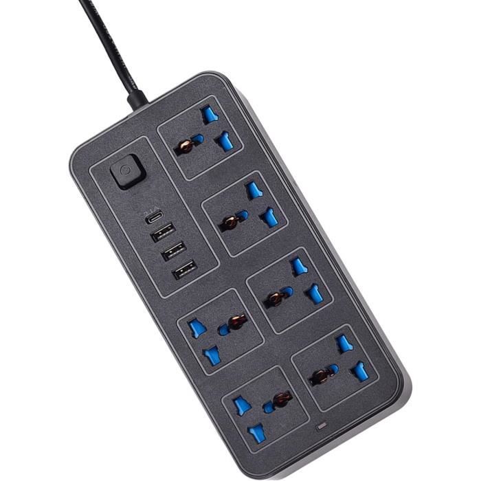 Multiprise Murale 6-en-1 : 2 Prises AC + 3 Ports USB - 2500W, Protection Surcharge