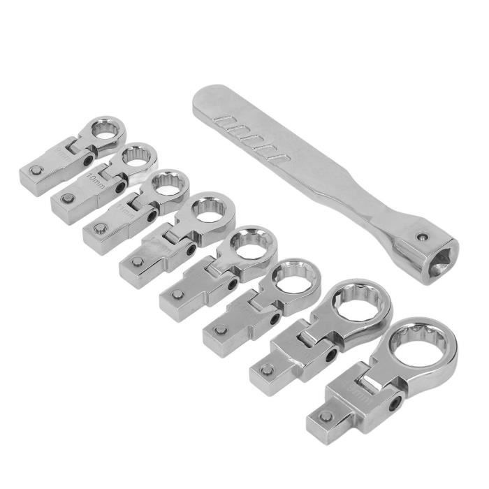 Jeu De Clés à Ouverture Flexible 9 Pièces - Poignée + 8 Adaptateurs 9 à 19mm - Pour Espaces Restreints Voiture, Tubes, Bricolage