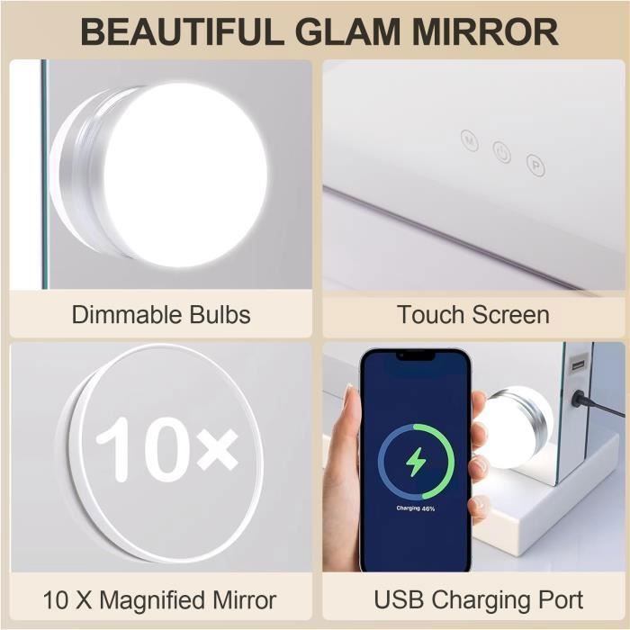 EINFEBEN Lampe de miroir pour le maquillage 10 LEDs Lumière de maquillage  USB gradable Style Hollywoodien