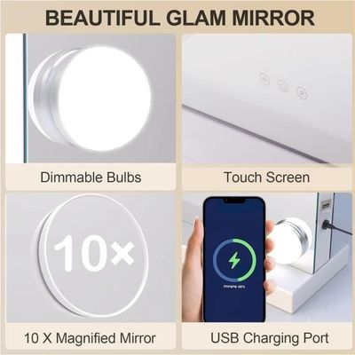Femor Hollywood Miroir de maquillage avec 14 ampoules LED à intensité  variable, contrôle tactile, 60 x 50 cm - Cdiscount Maison