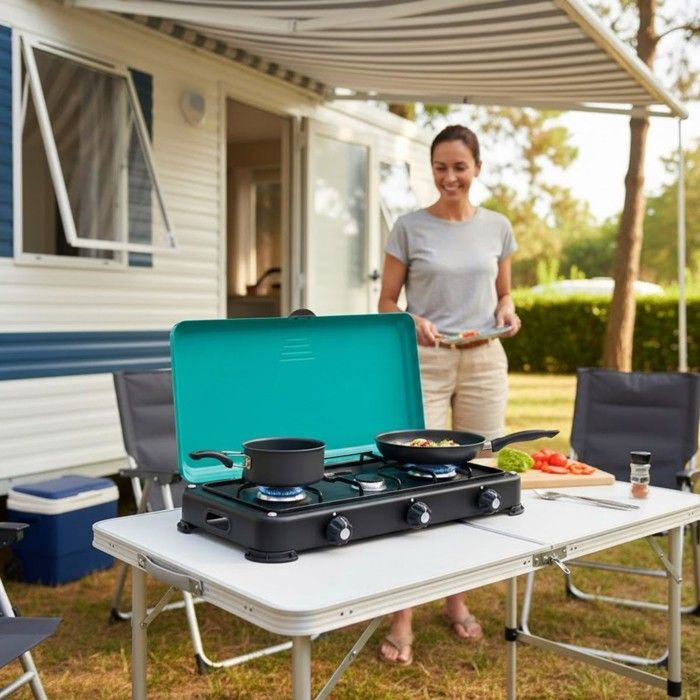Plaque de cuisson portable 3 feux 4100W Brûleurs + Grille en Fonte — free download