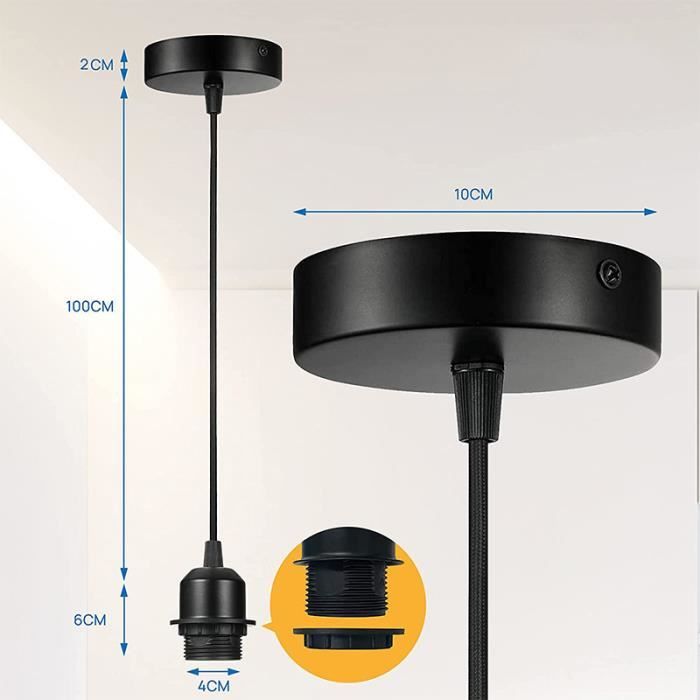 Suspension luminaire en métal DIY lampe accessoires lot de 2 , Douilles  Spirale E27 avec câble réglable 100cm, Support de lampe e27 porte ampoules  fil