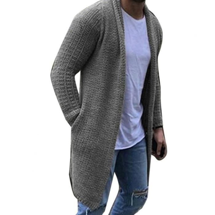 Cardigan homme Long en tricot pais couleur unie ouvert poches