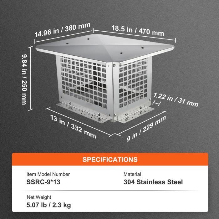 Chapeau De Cheminée Acier Inoxydable 304 Base Carrée 432mm - Pare-vent Et Pluie - Neuf
